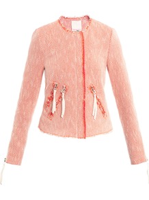 Neon Tweed Jacket - pattern: plain; bust detail: added detail/embellishment at bust; collar: round collar/collarless; hip detail: front pockets at hip; style: boxy; secondary colour: ivory; predominant colour: coral; occasions: casual, evening, work, occasion; length: standard; fit: straight cut (boxy); fibres: cotton - mix; waist detail: fitted waist; sleeve length: long sleeve; sleeve style: standard; collar break: high; pattern type: fabric; pattern size: light/subtle; texture group: tweed - light/midweight; embellishment: chain/metal