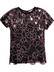 Mariana Interlaced Top - pattern: plain; secondary colour: pink; predominant colour: black; occasions: evening, work, holiday; length: standard; style: top; fibres: polyester/polyamide - stretch; fit: straight cut; neckline: crew; sleeve length: short sleeve; sleeve style: standard; texture group: sheer fabrics/chiffon/organza etc.; pattern type: fabric; pattern size: standard; embellishment: embroidered