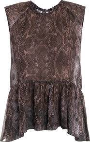 Snake Print Chiffon Top - sleeve style: sleeveless; style: blouse; waist detail: peplum waist detail; predominant colour: chocolate brown; occasions: evening; length: standard; fibres: viscose/rayon - 100%; fit: straight cut; neckline: crew; sleeve length: sleeveless; texture group: sheer fabrics/chiffon/organza etc.; pattern type: fabric; pattern size: big & busy; pattern: animal print
