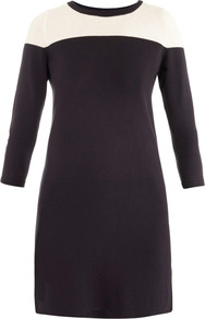 Ravello Knitted Tunic - style: tunic; shoulder detail: contrast pattern/fabric at shoulder; secondary colour: ivory; predominant colour: navy; occasions: casual, evening, work, holiday; fit: body skimming; neckline: crew; length: mid thigh; bust detail: contrast pattern/fabric/detail at bust; sleeve length: 3/4 length; sleeve style: standard; texture group: knits/crochet; pattern type: knitted - fine stitch; pattern size: standard; pattern: colourblock; fibres: viscose/rayon - mix