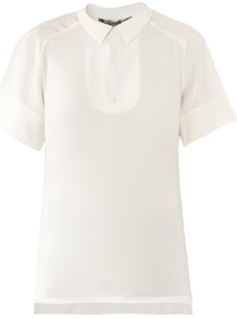 Ciriaco Blouse - pattern: plain; style: blouse; predominant colour: white; occasions: casual, evening, work, holiday; length: standard; fit: body skimming; neckline: no opening/shirt collar/peter pan; back detail: longer hem at back than at front; sleeve length: short sleeve; sleeve style: standard; texture group: silky - light; pattern type: fabric; fibres: silk - stretch