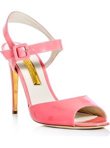 Jacoba Patent Leather Sandals - predominant colour: coral; occasions: evening, occasion, holiday; material: leather; heel height: high; ankle detail: ankle strap; heel: stiletto; toe: open toe/peeptoe; style: standard; finish: patent; pattern: plain