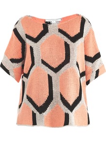 Cici Sweater - neckline: slash/boat neckline; sleeve style: dolman/batwing; length: below the bottom; style: standard; predominant colour: nude; secondary colour: light grey; occasions: casual; fit: loose; sleeve length: half sleeve; texture group: knits/crochet; trends: statement prints; pattern type: knitted - other; pattern size: big & busy; pattern: patterned/print; fibres: viscose/rayon - mix