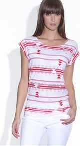 Fancy Striped Short Sleeved T Shirtwith Buttoned Back - neckline: round neck; sleeve style: capped; style: t-shirt; predominant colour: white; secondary colour: true red; occasions: casual; length: standard; fibres: viscose/rayon - 100%; fit: body skimming; sleeve length: short sleeve; pattern type: fabric; pattern size: light/subtle; pattern: patterned/print; texture group: jersey - stretchy/drapey