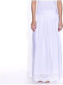 Long Skirtwith Broderie Anglaise Hem, 100% Cotton - pattern: plain; fit: body skimming; waist: mid/regular rise; predominant colour: white; occasions: casual, holiday; length: floor length; style: maxi skirt; fibres: cotton - 100%; pattern type: fabric; texture group: broiderie anglais