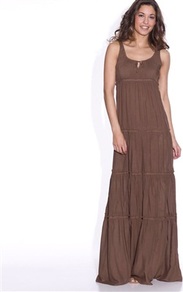 Long Tiered Dresswith Bourdon Edging - fit: empire; pattern: plain; sleeve style: sleeveless; style: maxi dress; predominant colour: chocolate brown; occasions: casual, holiday; length: floor length; neckline: scoop; fibres: viscose/rayon - 100%; sleeve length: sleeveless; pattern type: fabric; texture group: jersey - stretchy/drapey