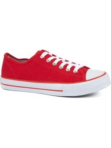 Red Lace Up Trainers - secondary colour: white; predominant colour: true red; occasions: casual; material: fabric; heel height: flat; toe: round toe; style: trainers; finish: plain; pattern: colourblock