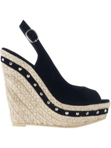 Black Stud Espadrille Wedge Sandals - predominant colour: black; occasions: casual, evening, holiday; material: fabric; embellishment: studs; heel: wedge; toe: open toe/peeptoe; style: strappy; finish: plain; pattern: plain; heel height: very high