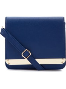 Navy Boxy Gold Edge Across Body Bag - predominant colour: navy; secondary colour: gold; occasions: casual, evening, work; type of pattern: small; style: messenger; length: across body/long; size: small; material: faux leather; pattern: plain; finish: plain; embellishment: chain/metal
