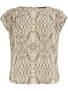 Grey Woven Print Tee - neckline: round neck; sleeve style: capped; style: t-shirt; predominant colour: stone; secondary colour: light grey; occasions: casual, holiday; length: standard; fibres: cotton - 100%; fit: straight cut; sleeve length: short sleeve; pattern type: fabric; pattern size: big & busy; pattern: patterned/print; texture group: jersey - stretchy/drapey