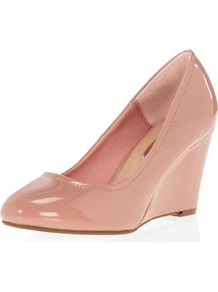 Pink Mid Wedge Courts - predominant colour: nude; occasions: evening, work, occasion; material: faux leather; heel height: high; heel: wedge; toe: round toe; style: courts; finish: patent; pattern: plain