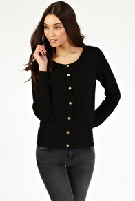 Textured Cardigan - neckline: round neck; pattern: plain; predominant colour: black; occasions: casual, work; length: standard; style: standard; fibres: cotton - 100%; fit: standard fit; sleeve length: long sleeve; sleeve style: standard; texture group: knits/crochet; pattern type: knitted - other