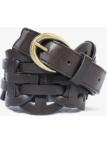 Woven Circle Waist Belt - predominant colour: chocolate brown; occasions: casual; type of pattern: standard; style: plaited/woven; size: wide; worn on: waist; material: faux leather; pattern: plain; finish: plain