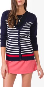Striped V Neck Cardigan - neckline: low v-neck; pattern: horizontal stripes; secondary colour: ivory; predominant colour: navy; occasions: casual; length: standard; style: standard; fibres: cotton - mix; fit: slim fit; sleeve length: long sleeve; sleeve style: standard; texture group: knits/crochet; pattern type: knitted - fine stitch; pattern size: standard