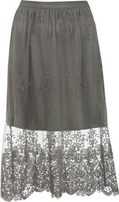 Embroidered Hem Midi Skirt - length: calf length; pattern: plain; fit: body skimming; style: pleated; waist: mid/regular rise; predominant colour: mid grey; occasions: casual, holiday; fibres: polyester/polyamide - 100%; hip detail: ruching/gathering at hip; waist detail: narrow waistband; texture group: lace; pattern type: fabric; pattern size: standard; embellishment: embroidered