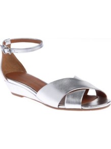 Peace Metallic Leather Sandals - predominant colour: silver; occasions: casual, evening, holiday; material: leather; heel height: mid; ankle detail: ankle strap; heel: wedge; toe: open toe/peeptoe; style: strappy; trends: metallics; finish: metallic; pattern: plain
