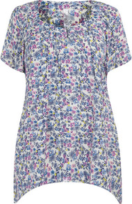 Pink Floral Hanky Hem Crepe Top - neckline: high square neck; length: below the bottom; bust detail: ruching/gathering/draping/layers/pintuck pleats at bust; secondary colour: ivory; occasions: casual, work, holiday; style: top; fibres: viscose/rayon - 100%; fit: body skimming; hip detail: dip hem; predominant colour: multicoloured; sleeve length: short sleeve; sleeve style: standard; pattern type: fabric; pattern size: standard; pattern: florals; texture group: jersey - stretchy/drapey