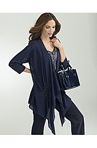 Waterfall Cardigan - pattern: plain; neckline: waterfall neck; length: below the bottom; style: open front; predominant colour: navy; occasions: casual, work; fit: loose; waist detail: belted waist/tie at waist/drawstring; sleeve length: 3/4 length; sleeve style: standard; texture group: knits/crochet; pattern type: knitted - fine stitch; fibres: viscose/rayon - mix