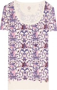 Carson T Shirt - style: t-shirt; shoulder detail: contrast pattern/fabric at shoulder; secondary colour: ivory; predominant colour: purple; occasions: casual, evening, work, holiday; length: standard; neckline: scoop; fibres: cotton - 100%; fit: body skimming; hip detail: contrast fabric/print detail at hip; bust detail: contrast pattern/fabric/detail at bust; sleeve length: short sleeve; sleeve style: standard; texture group: cotton feel fabrics; trends: modern geometrics; pattern type: fabric; pattern size: standard; pattern: patterned/print