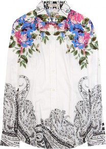 Contrast Print Blouse - neckline: shirt collar/peter pan/zip with opening; length: below the bottom; style: blouse; shoulder detail: contrast pattern/fabric at shoulder; bust detail: buttons at bust (in middle at breastbone)/zip detail at bust; predominant colour: white; secondary colour: diva blue; occasions: casual, evening, work, occasion; fibres: cotton - stretch; fit: body skimming; hip detail: contrast fabric/print detail at hip; sleeve length: long sleeve; sleeve style: standard; texture group: cotton feel fabrics; trends: high impact florals; pattern type: fabric; pattern size: big & busy; pattern: florals