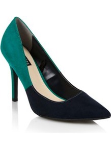 Navy Eden Two Tone High Heel Court Shoes - predominant colour: navy; secondary colour: emerald green; occasions: evening, work, occasion; material: suede; heel height: high; heel: stiletto; toe: pointed toe; style: courts; finish: plain; pattern: colourblock