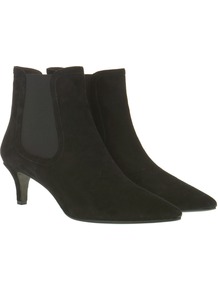 Black Suede Kitten Heel Boots - predominant colour: black; occasions: casual, evening, work; material: suede; heel height: mid; embellishment: elasticated; heel: stiletto; toe: pointed toe; boot length: ankle boot; style: standard; finish: plain; pattern: plain