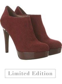 Wine Suede & Patent Shoe Boots - predominant colour: burgundy; occasions: evening, work, occasion; material: suede; heel: platform; toe: round toe; boot length: shoe boot; style: standard; finish: plain; pattern: plain; heel height: very high