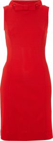 Sleeveless Shift Dress With Bow Collar, Red - style: shift; fit: tailored/fitted; pattern: plain; sleeve style: sleeveless; predominant colour: true red; occasions: evening, work, occasion; length: just above the knee; fibres: viscose/rayon - stretch; neckline: crew; sleeve length: sleeveless; trends: glamorous day shifts; pattern type: fabric; texture group: other - light to midweight