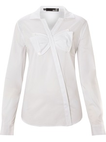 Long Sleeved Shirt With Bow Detail, White - neckline: shirt collar/peter pan/zip with opening; pattern: plain; bust detail: added detail/embellishment at bust; style: shirt; predominant colour: white; occasions: casual, work; length: standard; fibres: cotton - stretch; fit: tailored/fitted; sleeve length: long sleeve; sleeve style: standard; texture group: cotton feel fabrics; pattern type: fabric