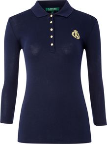 3/4 Sleeve Polo Shirt With Crest, Navy - neckline: shirt collar/peter pan/zip with opening; pattern: plain; bust detail: buttons at bust (in middle at breastbone)/zip detail at bust; style: polo shirt; predominant colour: navy; occasions: casual; length: standard; fibres: cotton - 100%; fit: body skimming; sleeve length: 3/4 length; sleeve style: standard; pattern type: fabric; texture group: jersey - stretchy/drapey