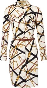 Women's Long Sleeved Silk Printed Shirt Dress, Cream - style: shirt; neckline: shirt collar/peter pan/zip with opening; waist detail: belted waist/tie at waist/drawstring; predominant colour: ivory; secondary colour: black; occasions: casual, evening, work, holiday; length: just above the knee; fit: body skimming; sleeve length: long sleeve; sleeve style: standard; texture group: silky - light; trends: statement prints; pattern type: fabric; pattern size: big & busy; pattern: patterned/print; fibres: silk - stretch