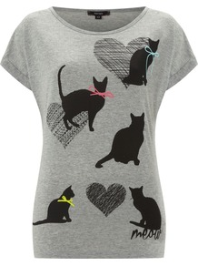 Love Cat Front Print T Shirt, Grey Marl - neckline: round neck; sleeve style: capped; style: t-shirt; predominant colour: light grey; secondary colour: black; occasions: casual, holiday; length: standard; fit: body skimming; sleeve length: short sleeve; pattern type: fabric; pattern size: big & busy; pattern: patterned/print; texture group: jersey - stretchy/drapey; fibres: viscose/rayon - mix