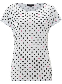 Polka Dot T Shirt, White - style: t-shirt; pattern: polka dot; predominant colour: white; secondary colour: black; occasions: casual, holiday; length: standard; fibres: viscose/rayon - 100%; fit: body skimming; neckline: crew; sleeve length: short sleeve; sleeve style: standard; pattern type: fabric; pattern size: standard; texture group: jersey - stretchy/drapey
