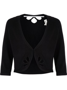 Scarlett Shrug, Black - pattern: plain; style: bolero/shrug; length: cropped; neckline: collarless open; predominant colour: black; occasions: evening, occasion; fit: standard fit; sleeve length: half sleeve; sleeve style: standard; texture group: knits/crochet; pattern type: knitted - fine stitch; fibres: viscose/rayon - mix