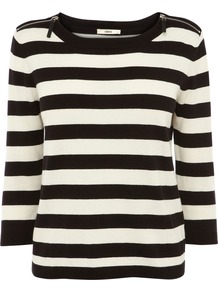 Boxy Pu Zip Jumper, Multi Coloured - neckline: round neck; pattern: horizontal stripes; style: standard; secondary colour: ivory; predominant colour: black; occasions: casual, work; length: standard; fibres: cotton - mix; fit: standard fit; shoulder detail: added shoulder detail; sleeve length: 3/4 length; sleeve style: standard; texture group: knits/crochet; trends: striking stripes; pattern type: knitted - fine stitch; pattern size: standard