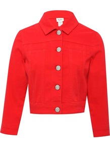 Teen Girl Coloured Denim Jacket Red - pattern: plain; length: cropped; style: denim; fit: slim fit; predominant colour: true red; occasions: casual; fibres: cotton - stretch; collar: shirt collar/peter pan/zip with opening; sleeve length: 3/4 length; sleeve style: standard; texture group: denim; collar break: high; pattern type: fabric