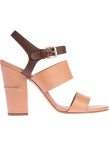 Tracy Leather Sandals - secondary colour: chocolate brown; predominant colour: camel; occasions: casual, evening, work, occasion, holiday; material: leather; heel height: high; embellishment: buckles; ankle detail: ankle strap; heel: block; toe: open toe/peeptoe; style: strappy; finish: plain; pattern: colourblock