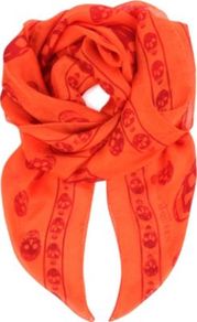 Silk Skull Scarf - secondary colour: true red; predominant colour: bright orange; occasions: casual, evening, work, holiday; type of pattern: small; style: square; size: standard; material: silk; trends: fluorescent; pattern: patterned/print