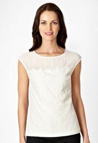 Cream Lace Front Shell Top - neckline: round neck; sleeve style: capped; pattern: plain; shoulder detail: contrast pattern/fabric at shoulder; back detail: contrast pattern/fabric at back; predominant colour: ivory; occasions: evening, work; length: standard; style: top; fibres: viscose/rayon - stretch; fit: tailored/fitted; bust detail: contrast pattern/fabric/detail at bust; sleeve length: short sleeve; pattern type: fabric; texture group: other - light to midweight; embellishment: lace