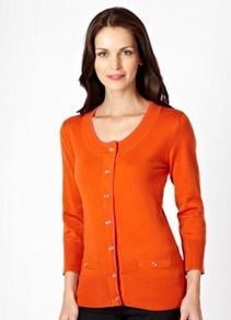 Dark Orange Stretch Cardigan - neckline: round neck; pattern: plain; hip detail: front pockets at hip; predominant colour: bright orange; occasions: casual, work; length: standard; style: standard; fibres: acrylic - mix; fit: standard fit; sleeve length: long sleeve; sleeve style: standard; texture group: knits/crochet; pattern type: knitted - fine stitch