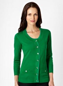 Green Stretch Cardigan - neckline: round neck; pattern: plain; hip detail: front pockets at hip; predominant colour: emerald green; occasions: casual, work; length: standard; style: standard; fibres: acrylic - mix; fit: standard fit; sleeve length: 3/4 length; sleeve style: standard; texture group: knits/crochet; pattern type: knitted - fine stitch