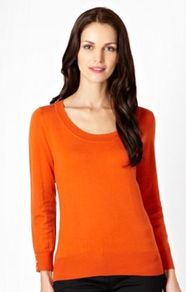 Dark Orange Scoop Neck Top - pattern: plain; predominant colour: bright orange; occasions: casual, work; length: standard; style: top; neckline: scoop; fibres: acrylic - mix; fit: body skimming; sleeve length: long sleeve; sleeve style: standard; texture group: knits/crochet; pattern type: knitted - fine stitch