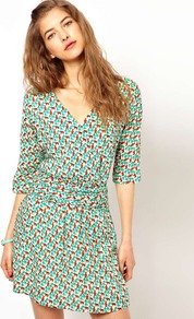 Bear Print Dress - style: faux wrap/wrap; length: mid thigh; neckline: low v-neck; fit: fitted at waist; waist detail: wide waistband/cummerbund; secondary colour: tan; occasions: casual; fibres: viscose/rayon - 100%; predominant colour: multicoloured; sleeve length: half sleeve; sleeve style: standard; pattern type: fabric; pattern size: standard; pattern: patterned/print; texture group: other - light to midweight