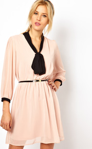 Skater Dress With Pussybow And Belt - length: mid thigh; fit: fitted at waist; style: blouson; neckline: pussy bow; sleeve style: balloon; waist detail: belted waist/tie at waist/drawstring; predominant colour: nude; occasions: casual, evening; fibres: polyester/polyamide - 100%; sleeve length: 3/4 length; texture group: sheer fabrics/chiffon/organza etc.; pattern type: fabric; pattern size: standard; pattern: colourblock