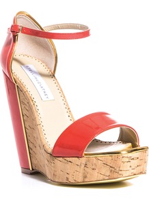Laura Wedges - predominant colour: coral; secondary colour: camel; occasions: casual, evening, occasion, holiday; material: faux leather; ankle detail: ankle strap; heel: wedge; toe: open toe/peeptoe; style: standard; finish: patent; pattern: colourblock; heel height: very high