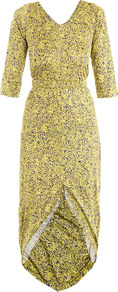 Mia Coral Print Dress - style: shift; neckline: low v-neck; fit: bias; waist detail: fitted waist; secondary colour: royal blue; predominant colour: yellow; occasions: casual, evening; length: just above the knee; fibres: silk - 100%; back detail: longer hem at back than at front; sleeve length: 3/4 length; sleeve style: standard; trends: statement prints; pattern type: fabric; pattern size: big & busy; pattern: patterned/print; texture group: other - light to midweight