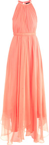 Iris Silk Georgette Dress - fit: fitted at waist; pattern: plain; sleeve style: sleeveless; length: ankle length; predominant colour: coral; occasions: evening, occasion; style: asymmetric (hem); fibres: silk - 100%; neckline: crew; hip detail: soft pleats at hip/draping at hip/flared at hip; waist detail: narrow waistband; back detail: keyhole/peephole detail at back; sleeve length: sleeveless; texture group: sheer fabrics/chiffon/organza etc.; pattern type: fabric