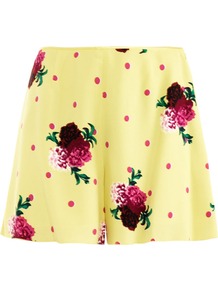 Floral Dot Print Shorts - style: shorts; waist: high rise; length: mid thigh shorts; secondary colour: pink; predominant colour: primrose yellow; occasions: casual, evening, holiday; fit: straight leg; pattern type: fabric; pattern size: small & light; pattern: florals; texture group: other - light to midweight; fibres: viscose/rayon - mix