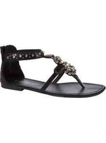 Black Spike Stud Embellished Sandals - secondary colour: silver; predominant colour: black; occasions: casual, holiday; material: faux leather; heel height: flat; embellishment: crystals; ankle detail: ankle strap; heel: standard; toe: toe thongs; style: flip flops / toe post; finish: plain; pattern: plain
