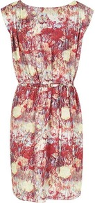 Brio Printed Tie Side Dress - neckline: round neck; sleeve style: capped; fit: fitted at waist; style: blouson; waist detail: belted waist/tie at waist/drawstring; bust detail: ruching/gathering/draping/layers/pintuck pleats at bust; occasions: casual, evening, occasion, holiday; length: just above the knee; fibres: viscose/rayon - 100%; predominant colour: multicoloured; sleeve length: short sleeve; texture group: silky - light; trends: high impact florals, statement prints; pattern type: fabric; pattern size: big & busy; pattern: florals